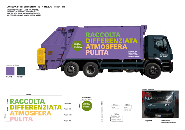 Decorazione dei mezzi di pulizia e raccolta rifiuti di ASM Pavia: scheda tecnica